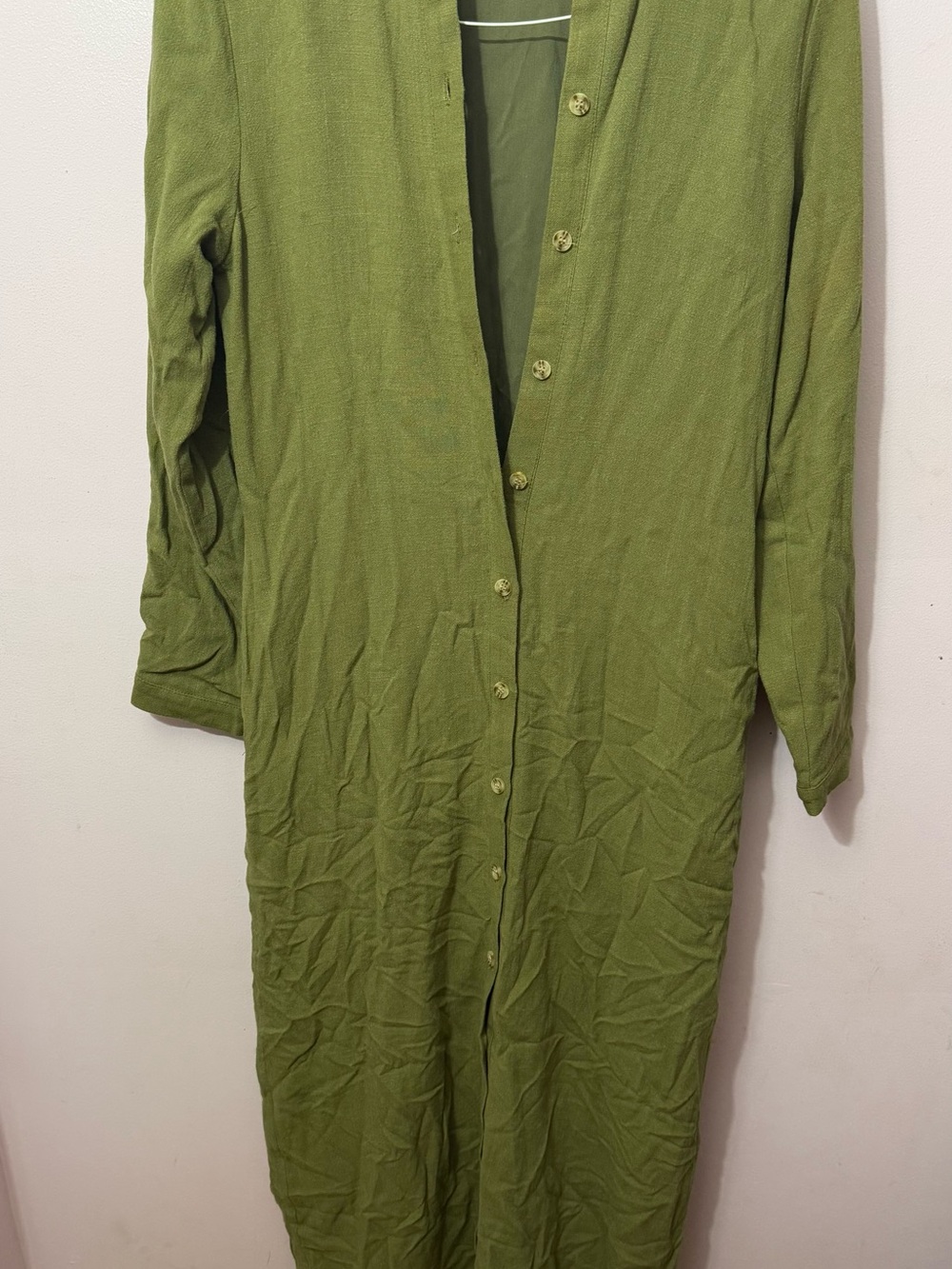 Veiled Long Sleeve Button Front Maxi Dress in Olive Green